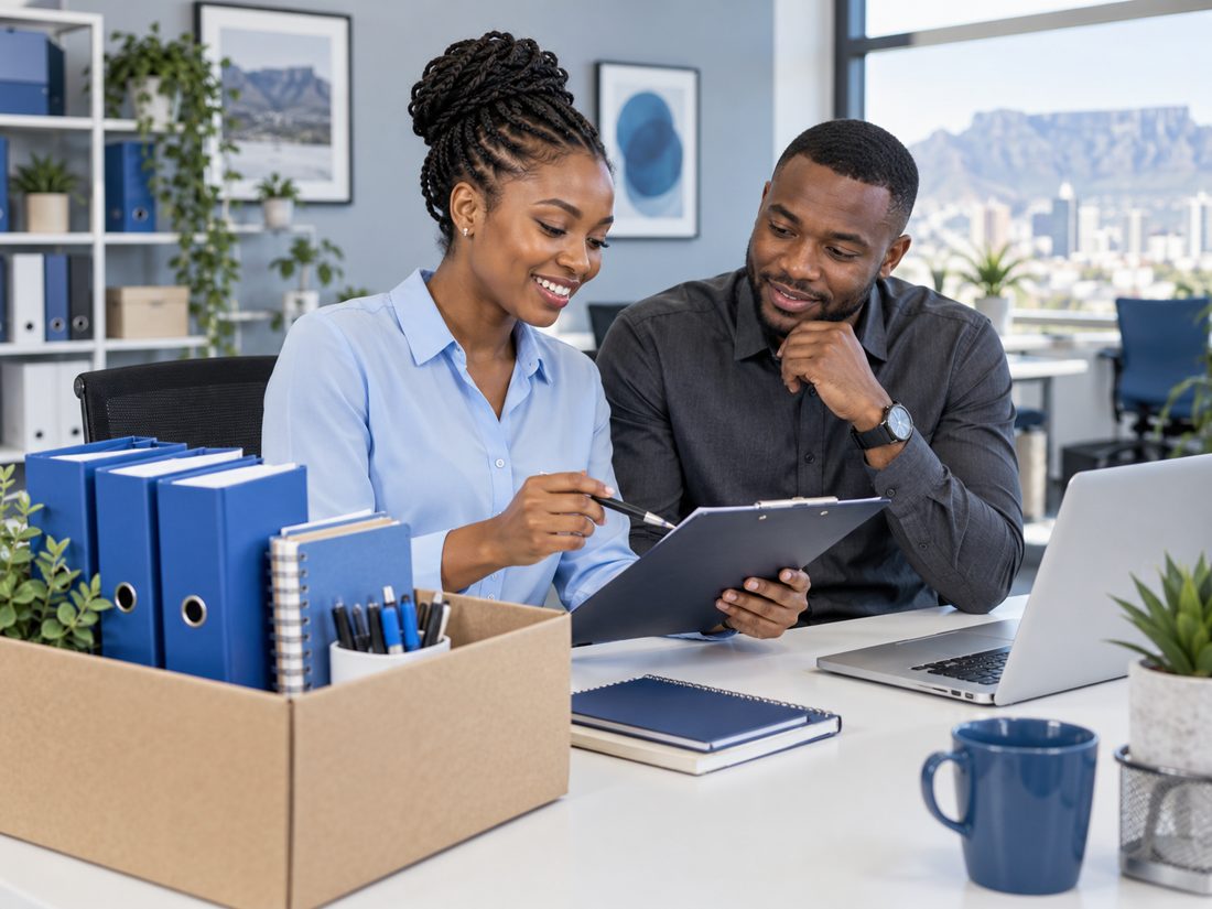Illustrative office scene: professionals reviewing a stationery supply list