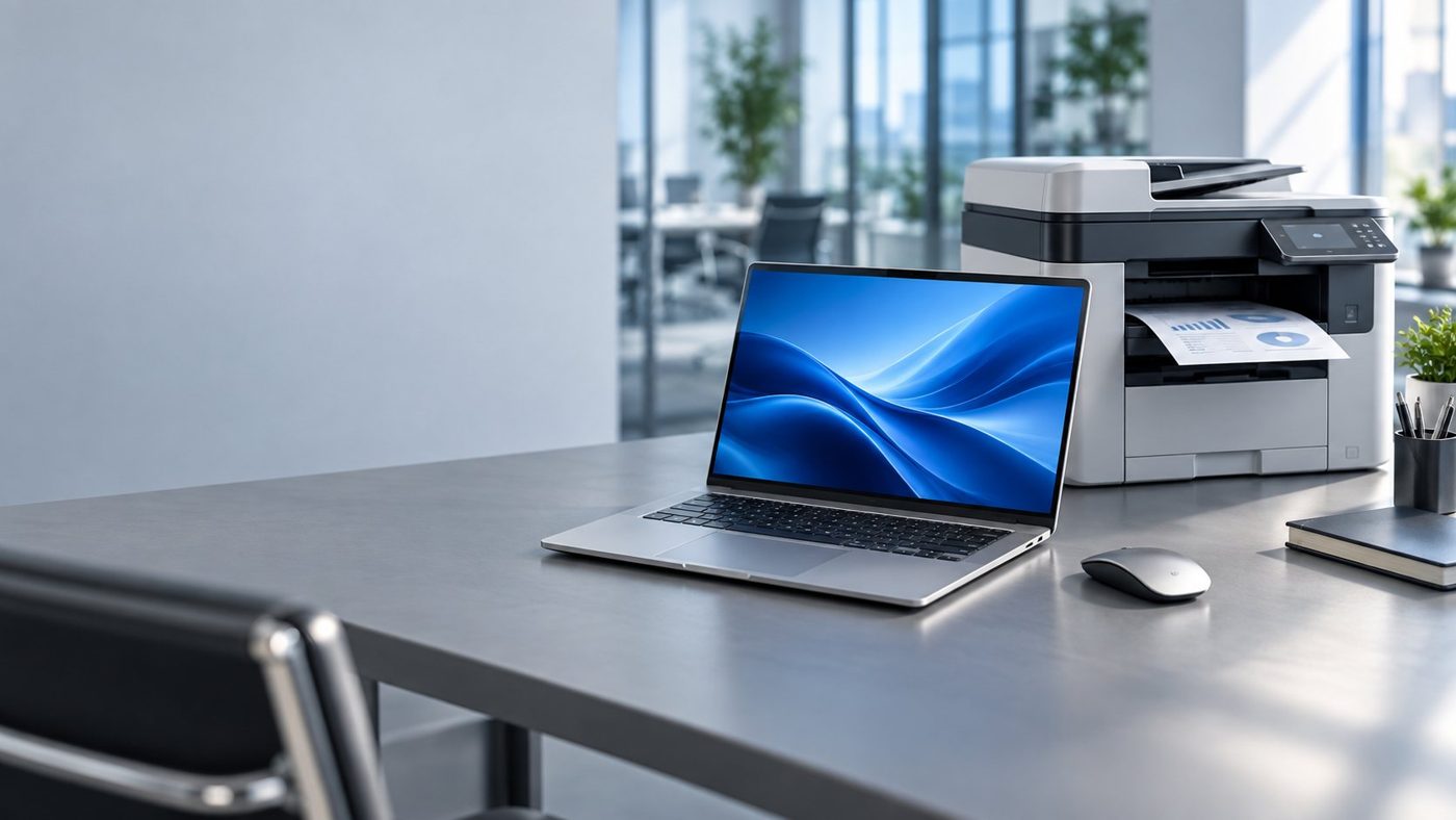 Laptop and multifunction printer in a bright office