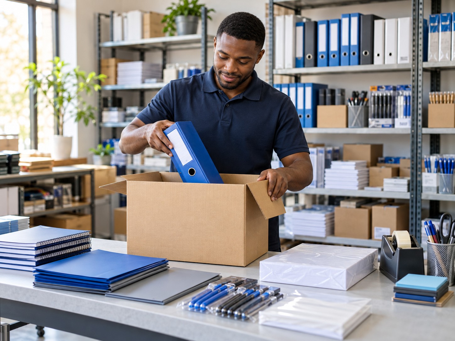 Illustrative supply workspace: an assistant packing stationery into a delivery box
