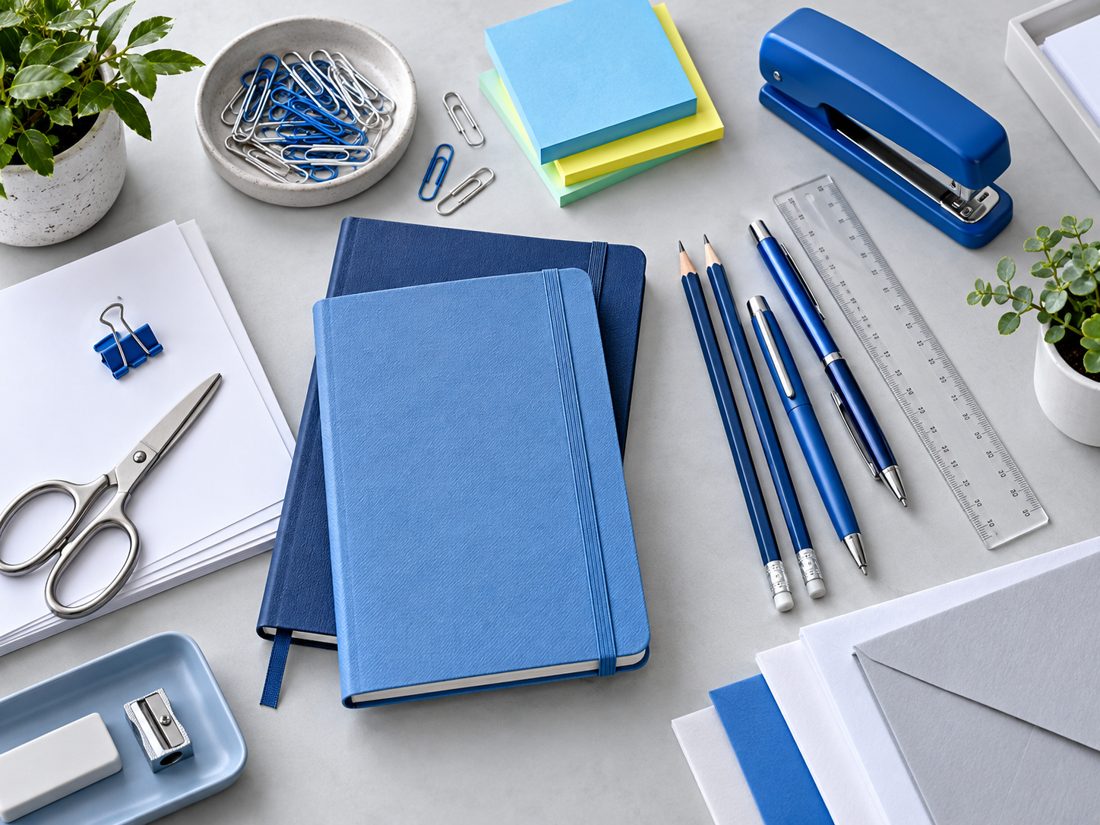 Organised selection of stationery and filing supplies