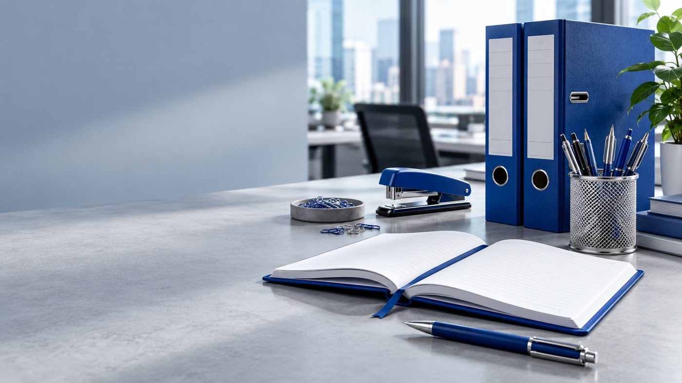 Blue stationery, notebooks and writing instruments in a modern office